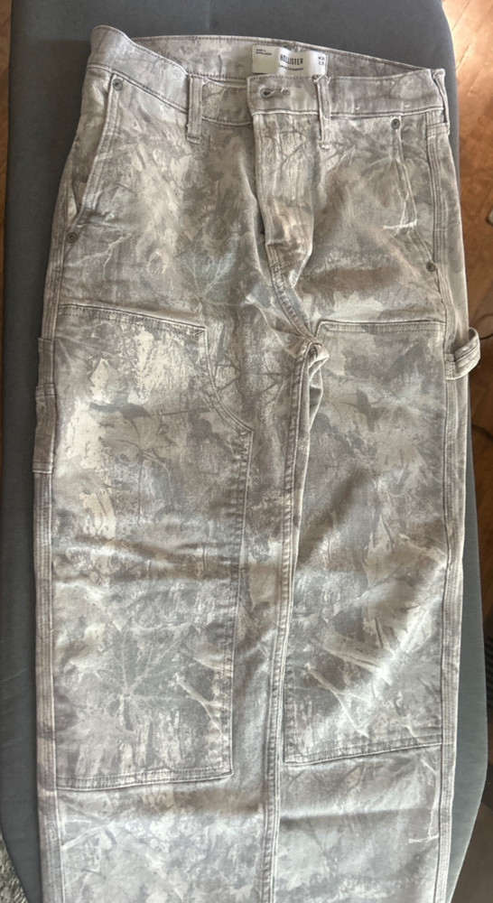 Hollister Loose Carpenter Camo Pants Mens Sz 28×30 Gray Straight Double Knee