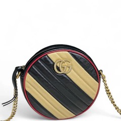 Gucci Gg Marmont Round Mini Bag Black Beige Red Calfskin (zs052026a6r)