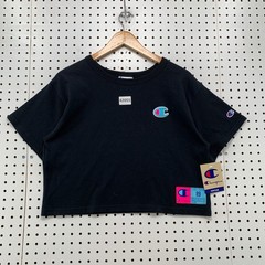 New Championb Croppped Shirt Womens Small Black Neon Blue Logo Patch 20×17