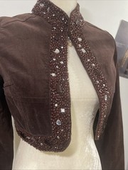 Ceres NWT USA Vintage Brown Corduroy Beaded Bolero Jacket Leopard Lined Small