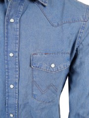 Denim Shirt Blue Wash Cotton Mens Western Snap Pocket Flaps Contrast Stitching