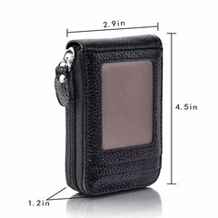 Leather Credit Card Holder RFID-Blocking Zipper Pocket Wallet with ID Window