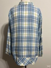 J.Jill Petite Button-Front Tunic Shirt Light Blue Navy White Moss Green Plaid PL