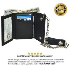 Leatherboss Genuine Leather Men EAGLE Trifold Wallet Chain Biker Trucker, Black