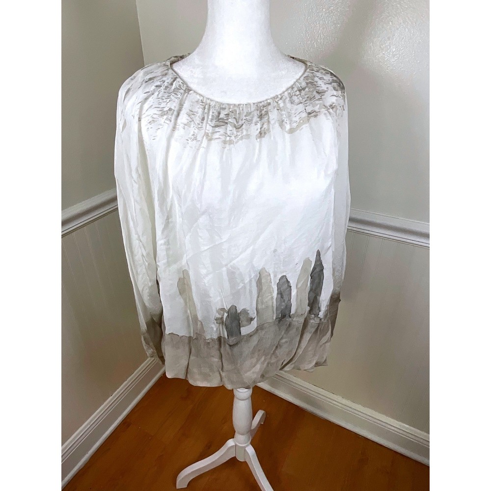 M Made in Italy Sheer Silk Blend Abstract Landscape Print Long Sleeve Top Size S