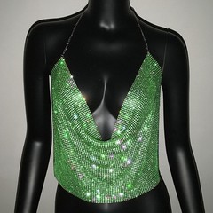 Women Sparkly Sexy Backless Crop Top Sleeveless Halter Metal Chain Club Party