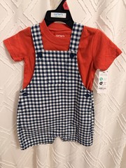 Carter’s Child of Mine 2pc Red Tee & Blue/White Gingham Overalls Set 18M