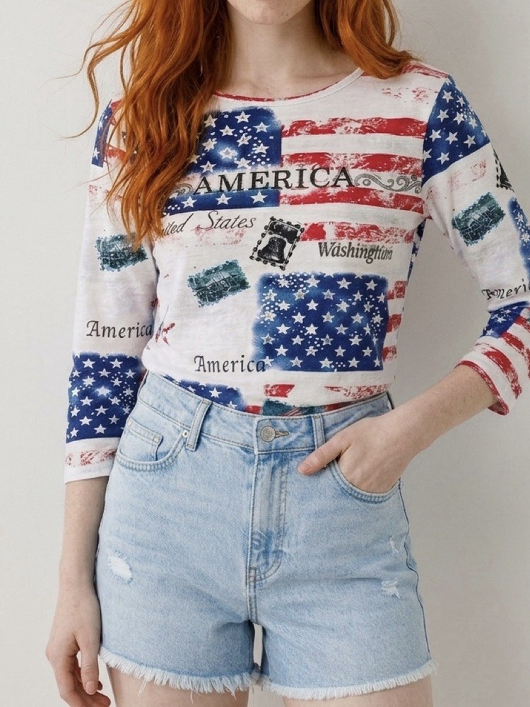 Collections Etc American Flag Knit T-Shirt White Red Blue Rhinestone Raglan – M