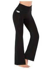 Women’s Flared Pants with Pockets, Flared Leg Yoga Pants High Waist Fitness