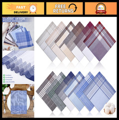 12 PCS Cotton Handkerchiefs for Men, 16×16 Inch Classic Pocket Squares, Checkere