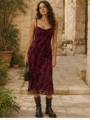 Whimsygoth Y2K Burnout Velvet Slip Dress Wine Fairycore Dark 90s Grunge Moody XS