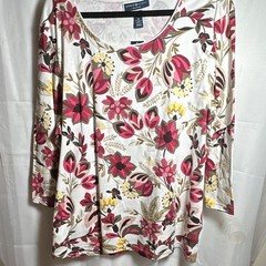 Karen Scott Women Sz 3X White/Pink/Yellow/Brown Floral Scoop Neck 3/4 Knit Top