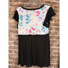 HEIMISH USA Black Tunic with Pastel Pink, Purple & Blue Leopard Print Yoke