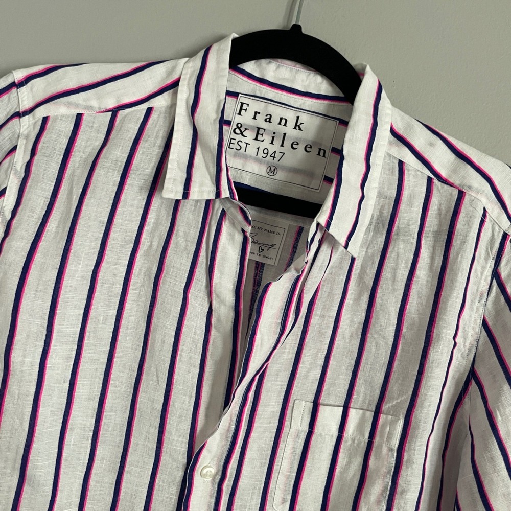 Frank & Eileen Barry Button Up Women Medium White Striped Linen Coastal Casual