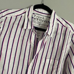 Frank & Eileen Barry Button Up Women Medium White Striped Linen Coastal Casual