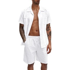 Men’s 2Pc Summer Sports Short Sleeve Shorts Set Linen Loose Casual Shirt Set