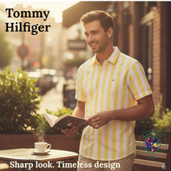 Tommy Hilfiger Men’s Shirt L | Custom Fit Yellow White Stripe Cotton Short Sleev