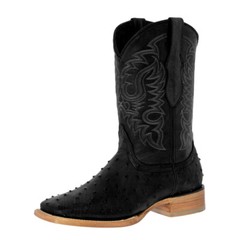 Mens Black Ostrich Quill Pattern Genuine Leather Cowboy Dress Boots Square Botas