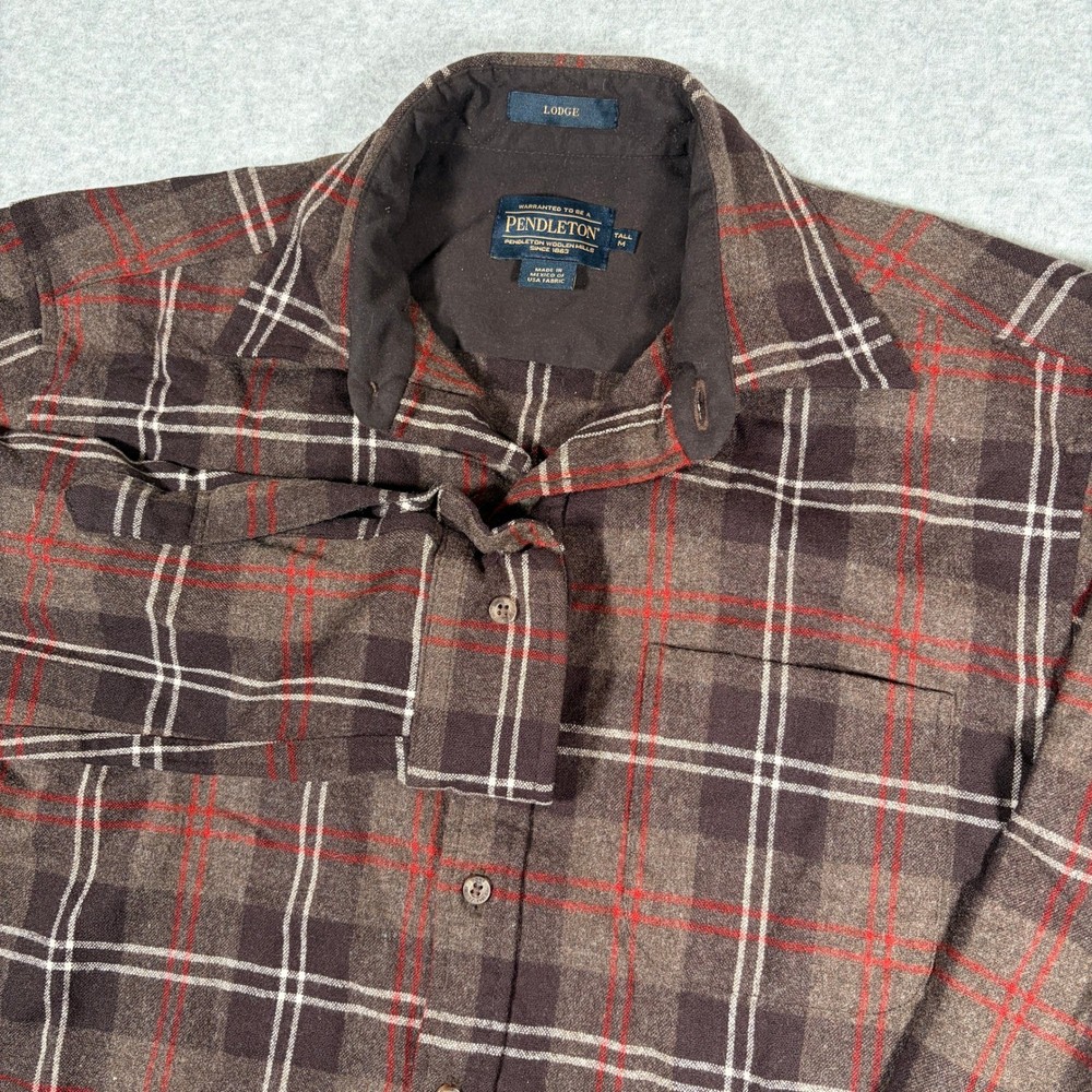 Pendleton Lodge Button Up Shirt Mens Medium Tall Brown Plaid Wool Flannel