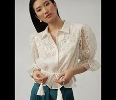 Pankaj & Nidhi White Lace Floral Embroidered Sequin Tie Blouse Sheer L