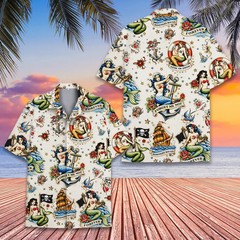 Pirate & Mermaids Pirate Nautical Tattoo Aloha Summer Hawaiian Shirt