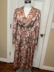 Gal Meets Glam Carla Tan Pink Satin Floral Midi Dress, Size 6