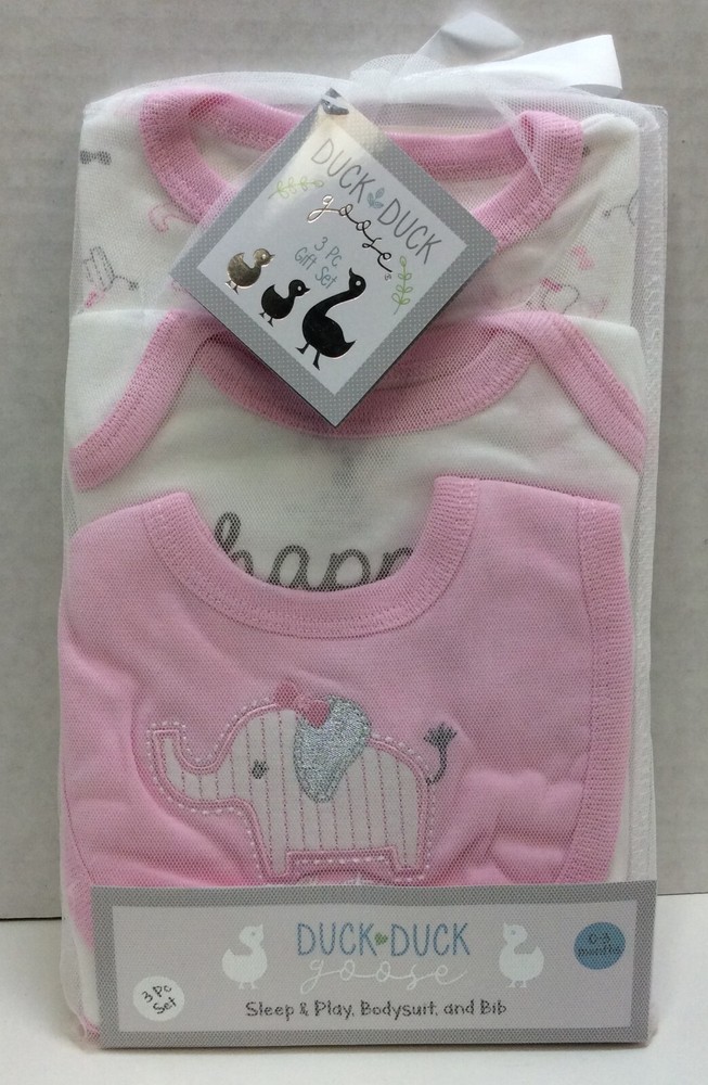 Duck Duck Goose Girls 3 Piece Sleep & Play Bodysuit and Bib 3-6Mos, Ships Free