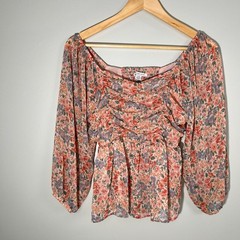 American Eagle Blouse Womens S Multi Floral Chiffon Ruched Babydoll Peasant Boho