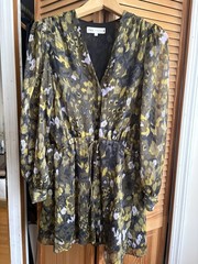 ZARA Olive & Yellow V-Neck Long Sleeve Smocked Waist Mini Dress Size XXL