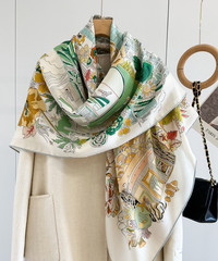 75% Cashmere 25% Silk Wrap Scarf Green garden Print Double Face Print Shawl 53”