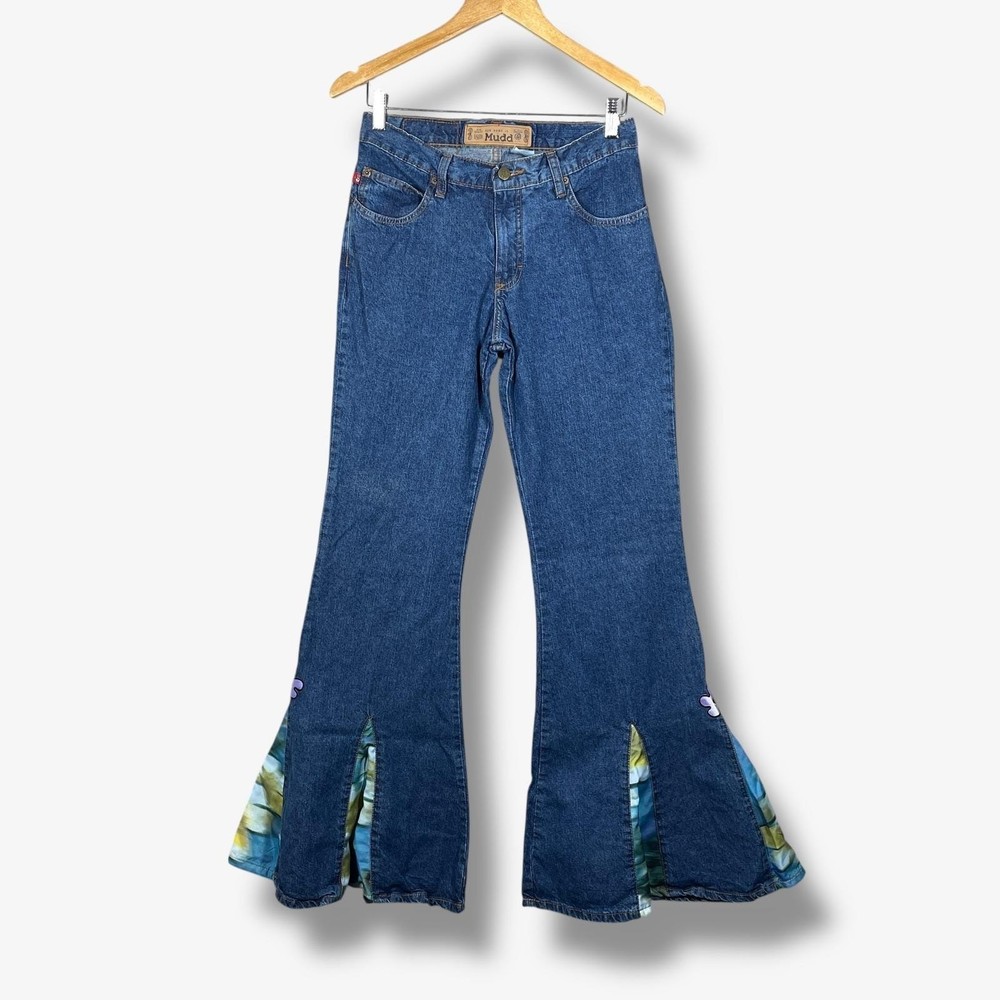 Mudd Flare Jeans Womens 7 Blue Y2K Boho Tie Dye Inset Splatter Denim Retro NWT