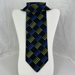 Pavone Italy Men’s Tie 100% Silk In Black/ Neon Blue Green Geometric Outings