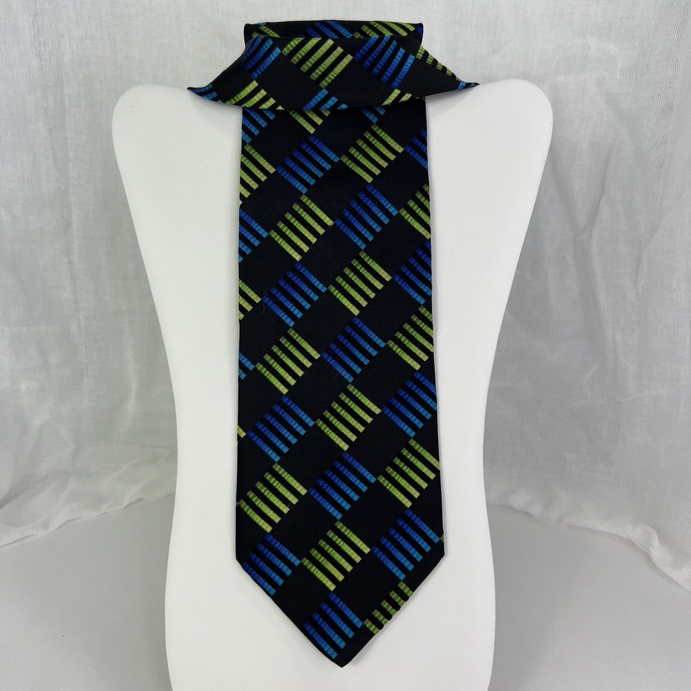 Pavone Italy Men’s Tie 100% Silk In Black/ Neon Blue Green Geometric Outings