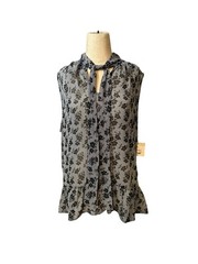 Liz Claiborne XL Sleeveless Tie Neck Blouse Black White Floral Ruffle Hem NWT