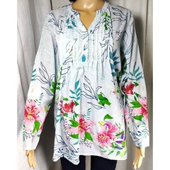 Womens M 100% Cotton Floral Tunic Blue Boho Semi Sheer Flowy Top
