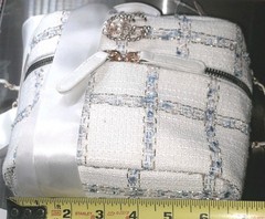 New White Blue Tweed Shoulder Bag with Bow, Rhinestone, Pearl, Gold Handcrafted