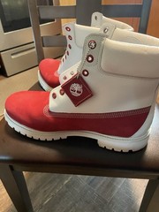Custom made Timberland Men’s US 12 Work Boots Leather Colorblock Red/White Ankle