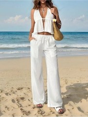 Women’s White Wide-Leg Two-Piece Set with Halter Top Sz S
