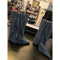 Azalea Wang Studded Denim Mid-Calf Boot – Blue with Mixed Metal Studs