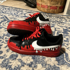 Nike Air Force 1 Low Top Custom Drip Swoosh Lace-Up Sneakers Red/Black/White