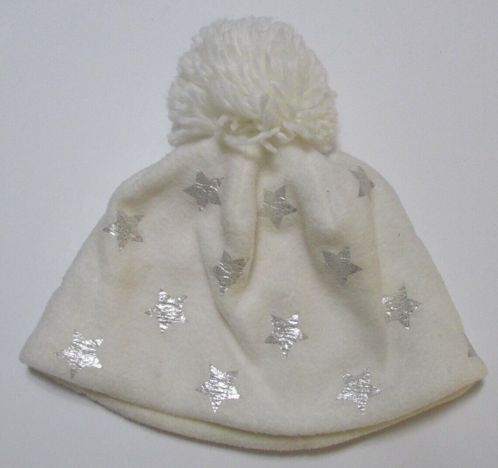 Baby GAP Fleece Pom Beanie Hat – Ivory with Silver Stars Small/Medium