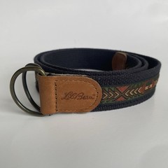 LL Bean Vintage 90s Navy Aztec Pattern Leather Belt Southwestern D Ring Cowboy
