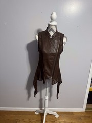 Cotton Express Brown Sleeveless Faux Leather Zip Front Mesh Tie Hem Vest L