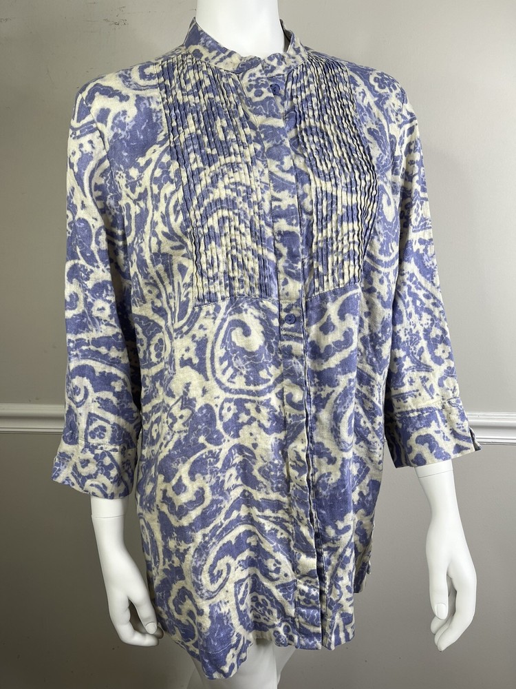 COLDWATER CREEK Womens Button TOP 3/4 Sleeve PURPLE Beige Linen Size P XL