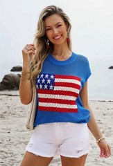 American Flag Knit Sweater Top Sky Blue Short Sleeve Summer Pullover