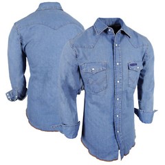 Denim Shirt Blue Wash Cotton Mens Western Snap Pocket Flaps Contrast Stitching