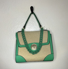 ALDO Beige/Green Satchel Top Handle Bag Magnetic Close, Chain Logo, Gold HW