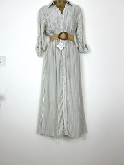 ZARA ECRU KHAKI STRIPED COLLARED LINEN BLEND BELTED SHIRT DRESS SIZE XS #T72