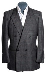 41R 40R Vintage 90s Double-Breasted Gray Overcheck 2-Piece Suit Trousers Jacket