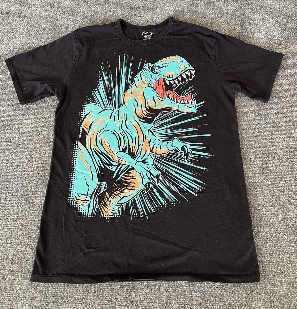 Place Youth 2XL T Shirt Dinosaur Black Neon Blue Trex Screen Print